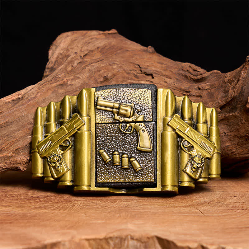 Cintura in pelle da uomo fai da te con motivo a pistola caricata in bronzo e accendino nascosto -  Pistola - Senza cintura - Cintura non inclusa - image 0