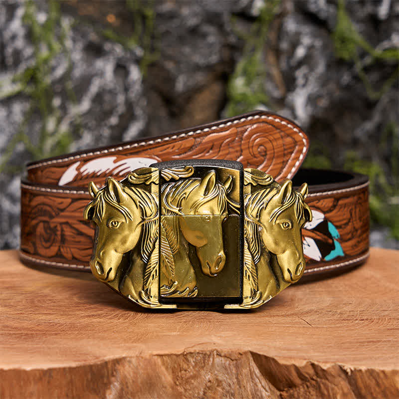 Cintura in pelle da uomo fai da te con triplo cavallo in bronzo e accendino nascosto - Triple Horses - Cintura di piume marroni - 40 - image 10