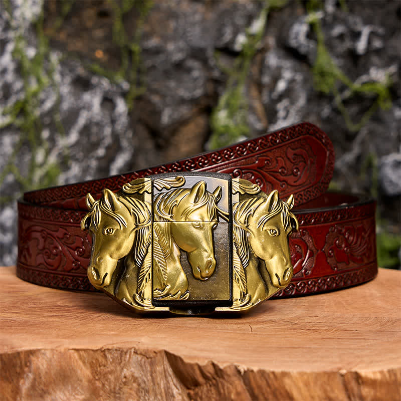 Cintura in pelle da uomo fai da te con triplo cavallo in bronzo e accendino nascosto - Triple Horses - Cintura marrone intagliata - 42 - image 9