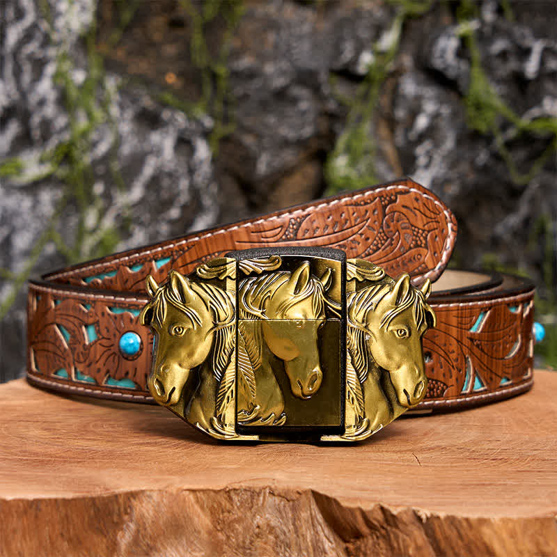 Cintura in pelle da uomo fai da te con triplo cavallo in bronzo e accendino nascosto - Triple Horses - Cintura intagliata turchese - 42 - image 6