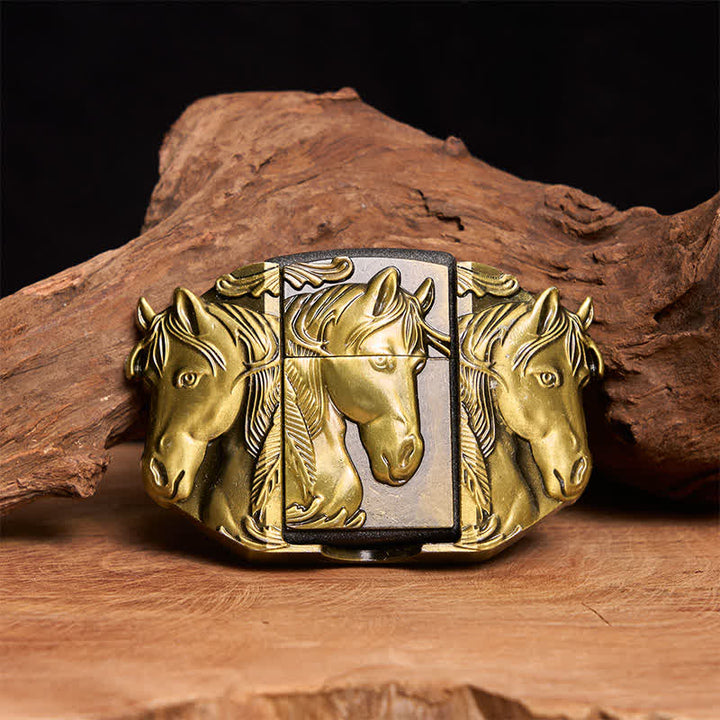 Cintura in pelle da uomo fai da te con triplo cavallo in bronzo e accendino nascosto - Triple Horses - Senza cintura - Cintura non inclusa - image 0