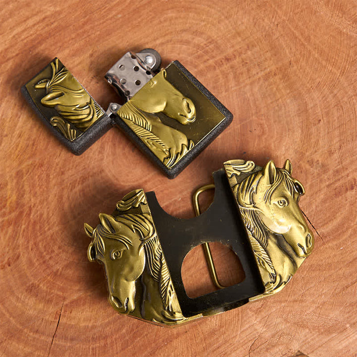 Cintura in pelle da uomo fai da te con triplo cavallo in bronzo e accendino nascosto - image 5