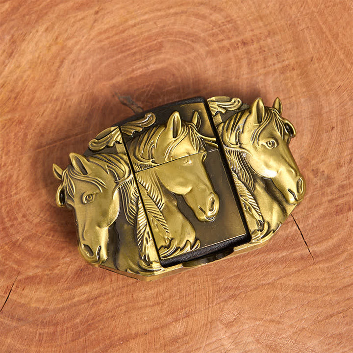 Cintura in pelle da uomo fai da te con triplo cavallo in bronzo e accendino nascosto - image 3