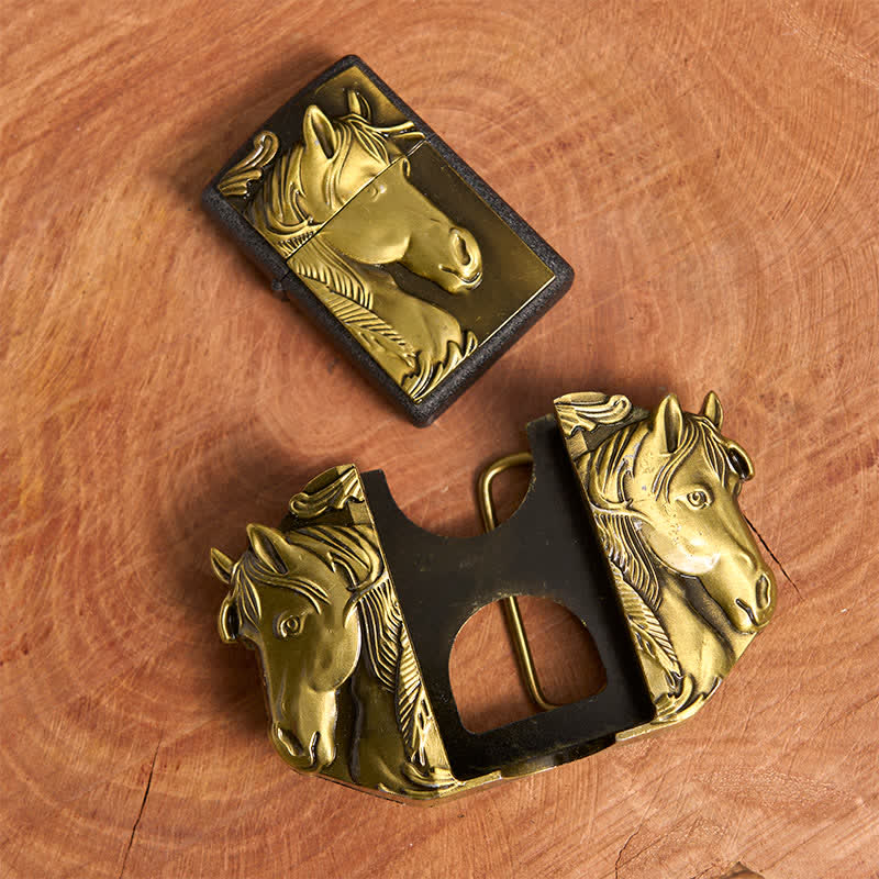 Cintura in pelle da uomo fai da te con triplo cavallo in bronzo e accendino nascosto - image 4