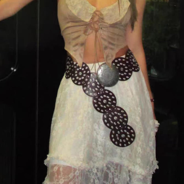 Cintura da donna in pelle con motivo circolare esagerato in stile retrò western - image 0