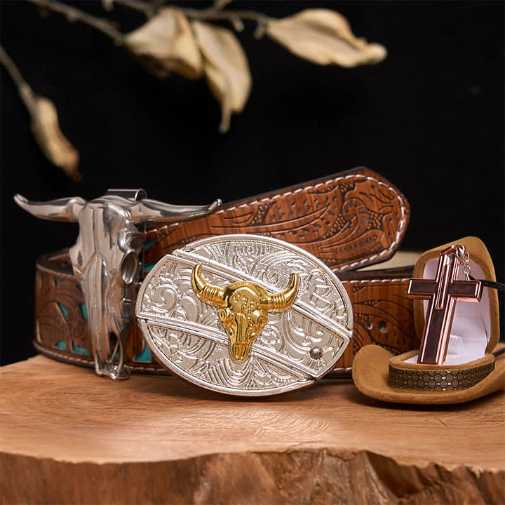 Set di collana con croce e fibbia per cintura fai da te con coltello nascosto in oro e argento - Toro d'oro e d'argento - Cintura intagliata turchese - 42 - image 3