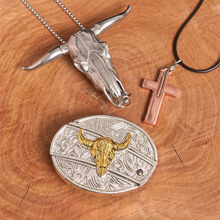 Set di collana con croce e fibbia per cintura fai da te con coltello nascosto in oro e argento - Toro d'oro e d'argento - Senza cintura - Cintura non inclusa - image 1