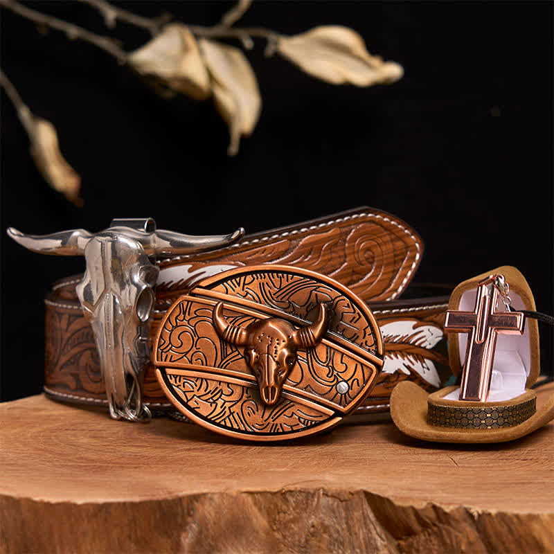Set di collana con croce e fibbia per cintura con coltello nascosto fai da te in bronzo rosso Bull - Toro di bronzo rosso - Cintura di piume marroni - 40 - image 0