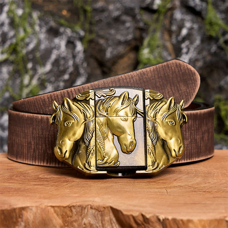 Cintura in pelle da uomo fai da te con triplo cavallo in bronzo e accendino nascosto - Triple Horses - Cintura marrone anticata - 42 - image 8