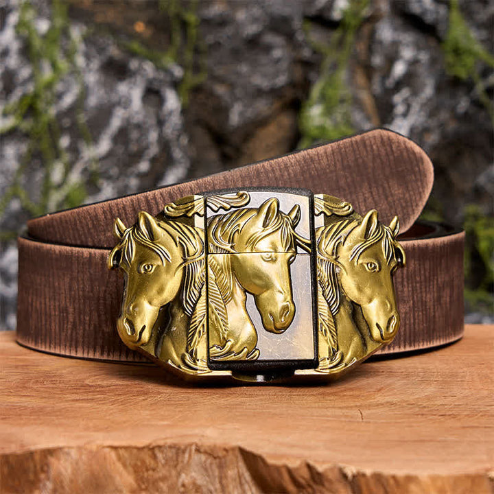 Cintura in pelle da uomo fai da te con triplo cavallo in bronzo e accendino nascosto - Triple Horses - Cintura marrone anticata - 42 - image 8