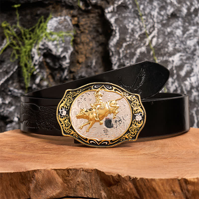 Cintura in pelle con fibbia da cowboy e cavaliere da equitazione western fai da te, oro e nero - Equitazione - Cintura con aquila in rilievo nera - 42 - image 1