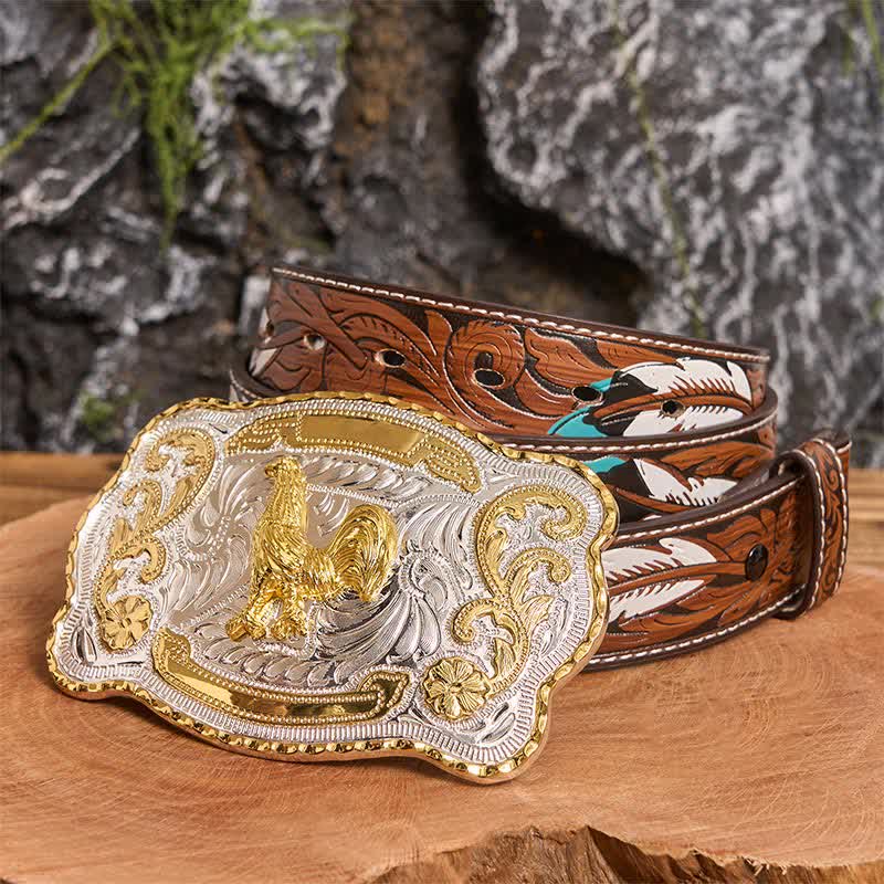 Cintura in pelle con fibbia da cowboy western fai da te Gold Rooster - Gallo - Cintura di piume marroni - 40 - image 8