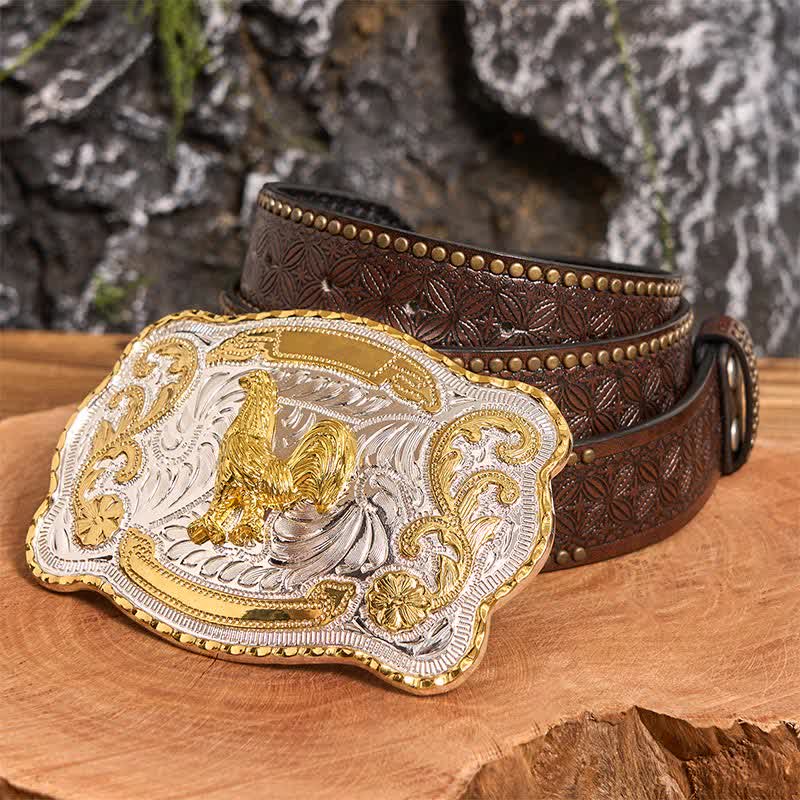 Cintura in pelle con fibbia da cowboy western fai da te Gold Rooster - Gallo - Cintura con rivetti marroni - 42 - image 5