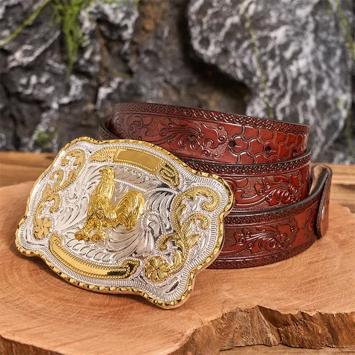 Cintura in pelle con fibbia da cowboy western fai da te Gold Rooster - Gallo - Cintura marrone intagliata - 42 - image 7