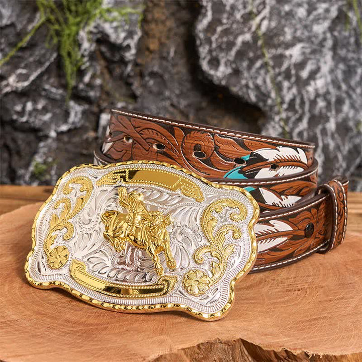Cintura in pelle con fibbia da cowboy western fai da te per equitazione in oro - equitazione - Cintura di piume marroni - 40 - image 8