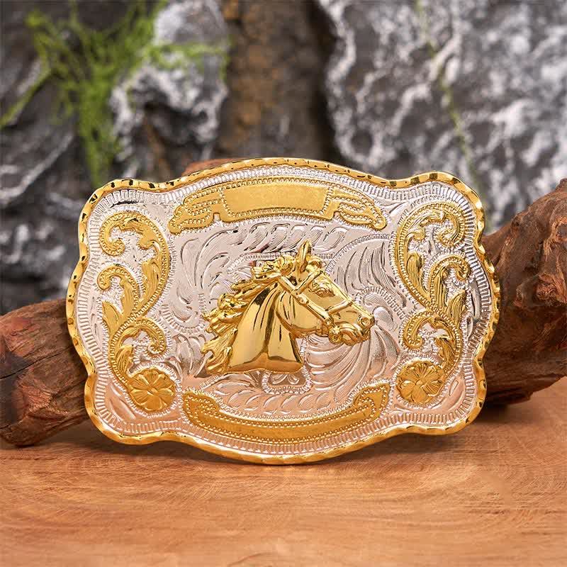 Cintura in pelle con fibbia da cowboy western fai da te con testa di cavallo dorata - Testa di cavallo - Senza cintura - Cintura non inclusa - image 0