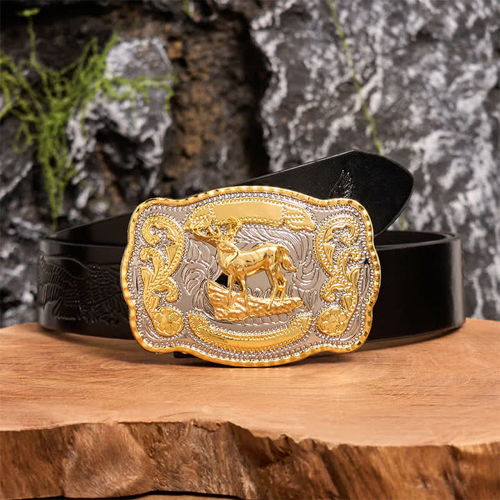 Cintura in pelle con fibbia da cowboy western fai da te Gold Deer - Cervo - Cintura con aquila in rilievo nera - 42 - image 1