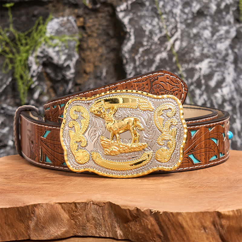 Cintura in pelle con fibbia da cowboy western fai da te Gold Deer - Cervo - Cintura intagliata turchese - 42 - image 4