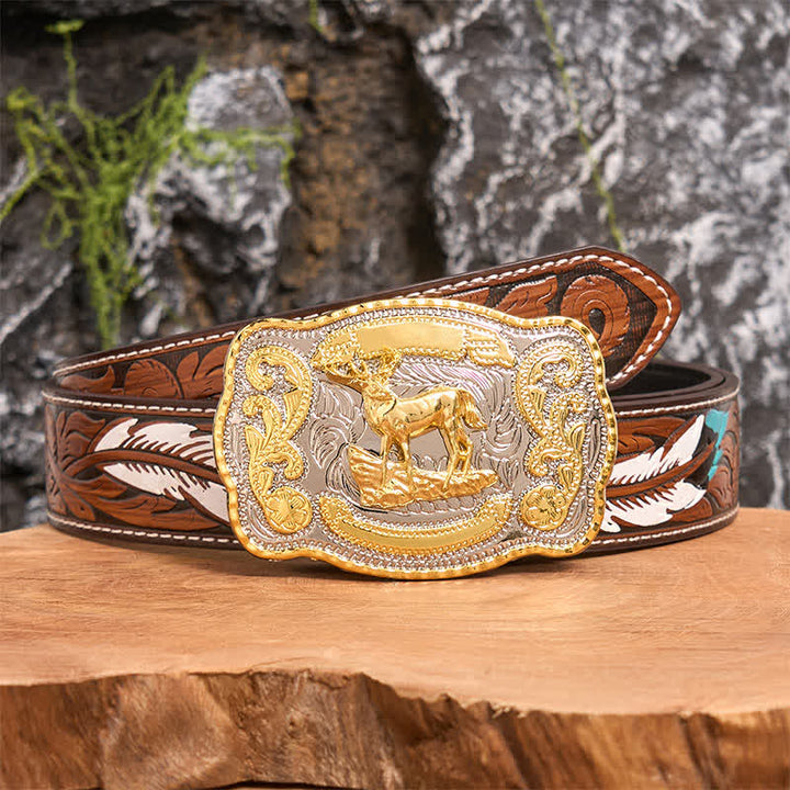 Cintura in pelle con fibbia da cowboy western fai da te Gold Deer - Cervo - Cintura di piume marroni - 40 - image 8