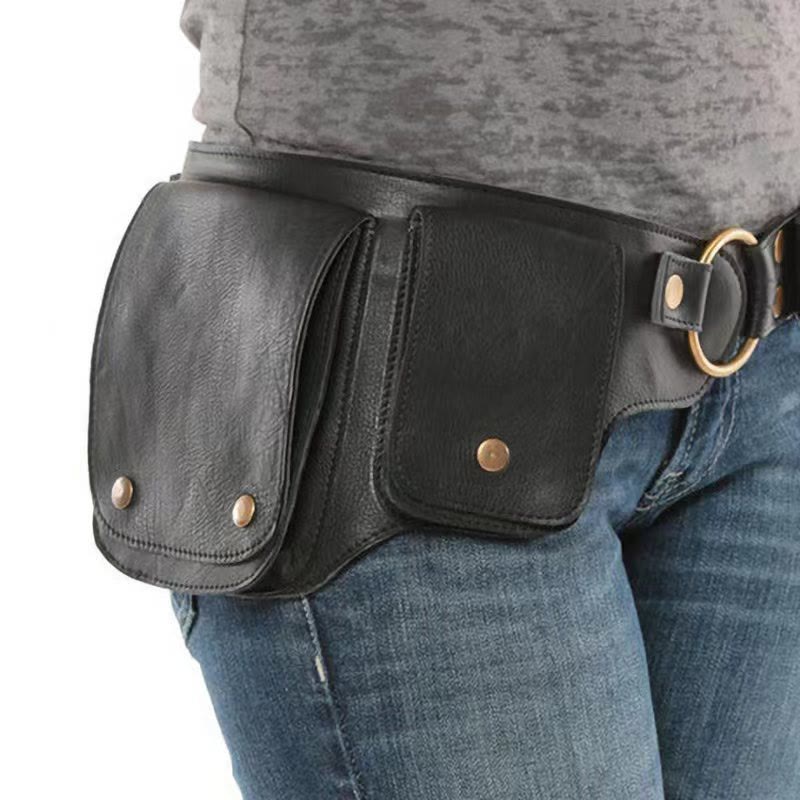 Borsa unisex retrò in pelle con bottone porta-telefono - Nero - image 0