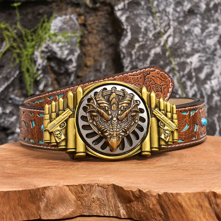 Cintura in pelle con fibbia girevole fai da te in bronzo con drago dal becco affilato - Drago dal becco affilato - Cintura intagliata turchese - 42 - image 3