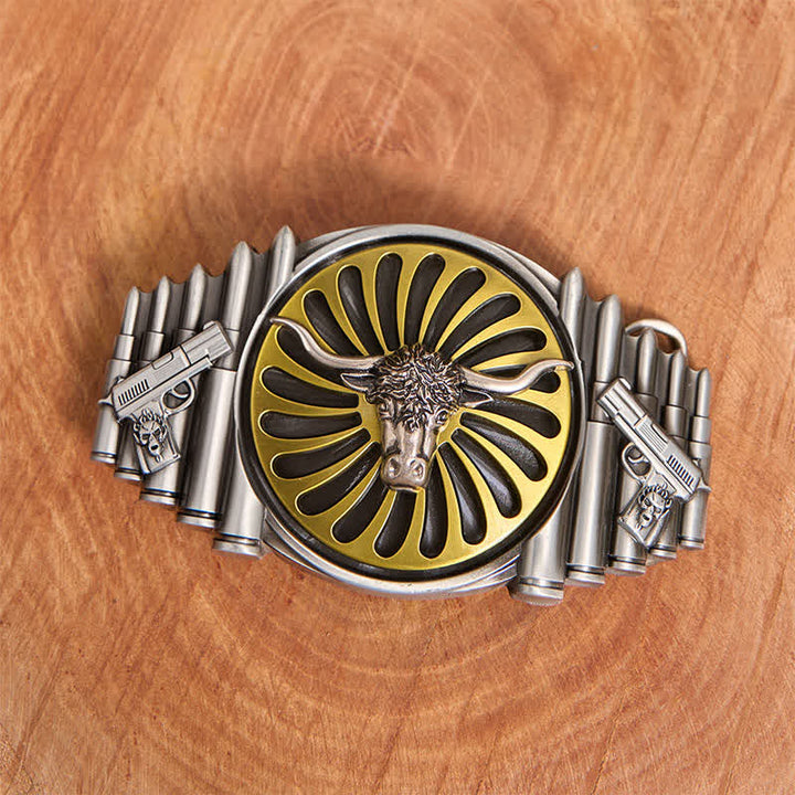 Cintura in pelle con fibbia girevole fai da te a forma di testa di toro in argento occidentale - image 1