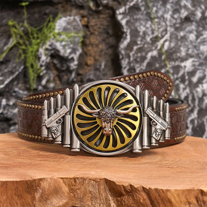 Cintura in pelle con fibbia girevole fai da te a forma di testa di toro in argento occidentale - Testa di toro - Cintura con rivetti marroni - 42 - image 4