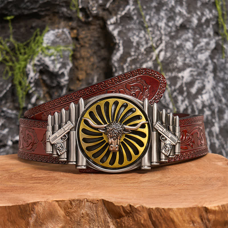 Cintura in pelle con fibbia girevole fai da te a forma di testa di toro in argento occidentale - Testa di toro - Cintura marrone intagliata - 42 - image 6