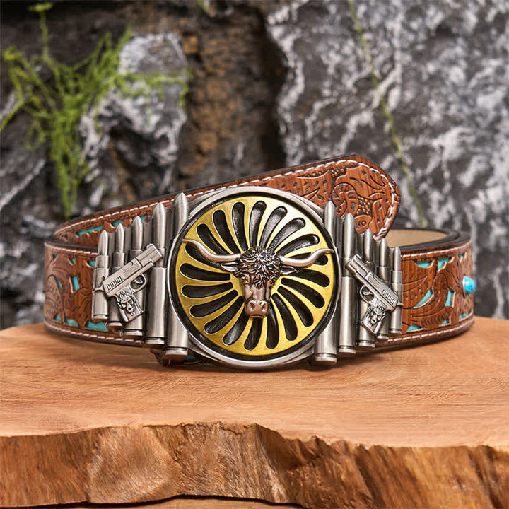 Cintura in pelle con fibbia girevole fai da te a forma di testa di toro in argento occidentale - Testa di toro - Cintura intagliata turchese - 42 - image 3