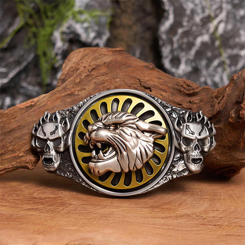 Cintura in pelle con fibbia girevole fai da te con testa di tigre ruggente e teschio d'argento - Testa di tigre - Senza cintura - Cintura non inclusa - image 0