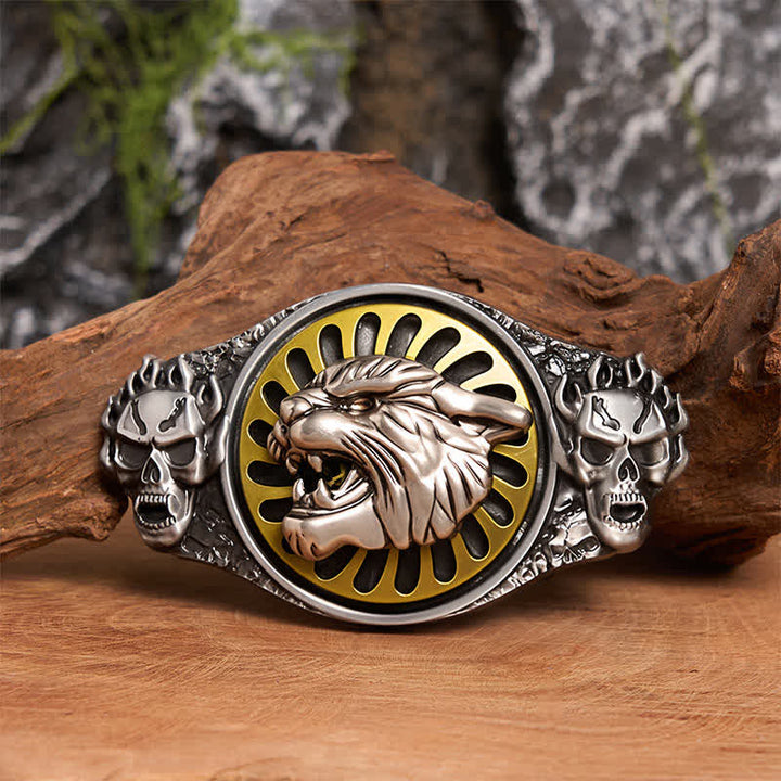 Cintura in pelle con fibbia girevole fai da te con testa di tigre ruggente e teschio d'argento - Testa di tigre - Senza cintura - Cintura non inclusa - image 0