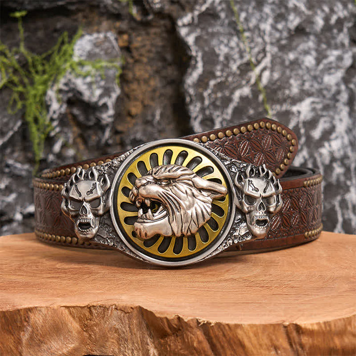 Cintura in pelle con fibbia girevole fai da te con testa di tigre ruggente e teschio d'argento - Testa di tigre - Cintura con rivetti marroni - 42 - image 4