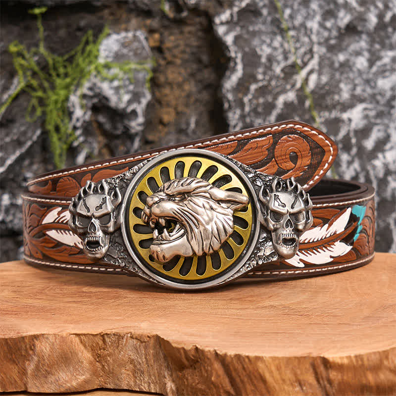 Cintura in pelle con fibbia girevole fai da te con testa di tigre ruggente e teschio d'argento - Testa di tigre - Cintura di piume marroni - 40 - image 5