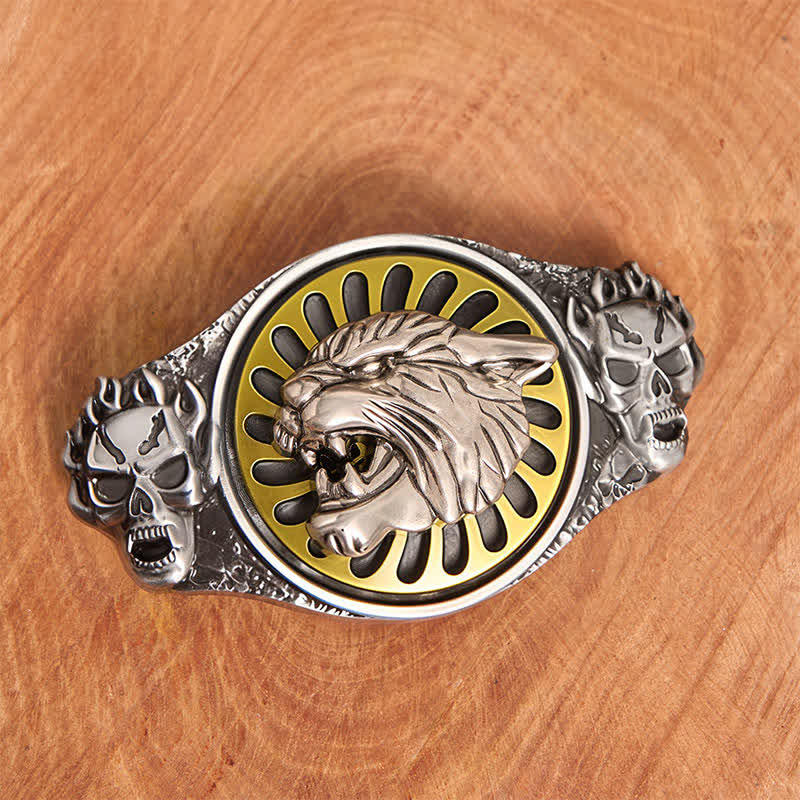Cintura in pelle con fibbia girevole fai da te con testa di tigre ruggente e teschio d'argento - image 1