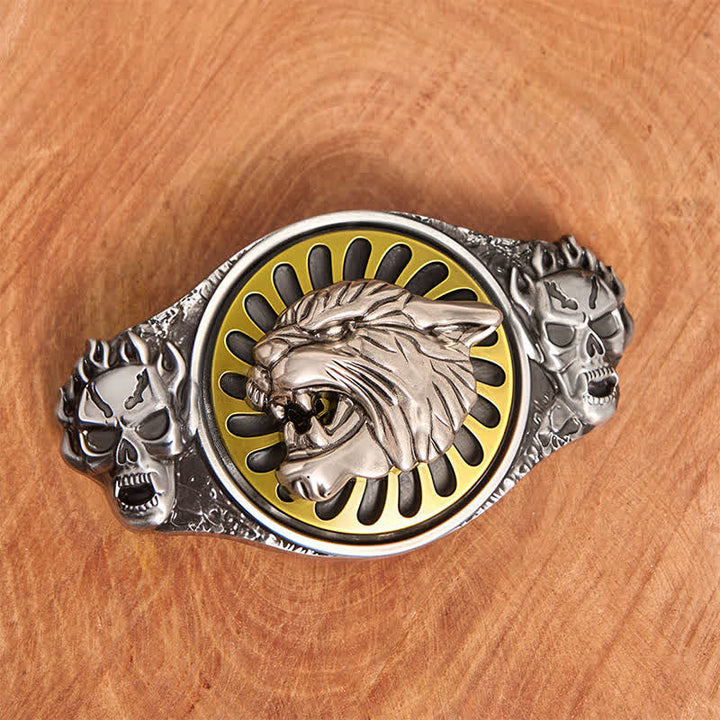 Cintura in pelle con fibbia girevole fai da te con testa di tigre ruggente e teschio d'argento - image 1
