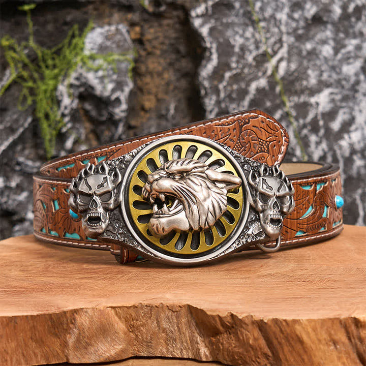 Cintura in pelle con fibbia girevole fai da te con testa di tigre ruggente e teschio d'argento - Testa di tigre - Cintura intagliata turchese - 42 - image 3