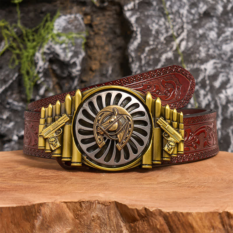 Cintura in pelle con fibbia a forma di ferro di cavallo in bronzo rotante fai da te con motivo a pistola e proiettile - Ferro di cavallo - Cintura marrone intagliata - 42 - image 6