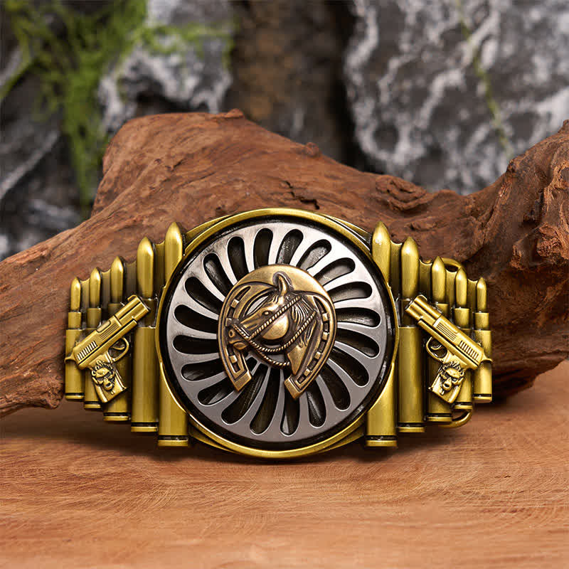 Cintura in pelle con fibbia a forma di ferro di cavallo in bronzo rotante fai da te con motivo a pistola e proiettile - Ferro di cavallo - Senza cintura - Cintura non inclusa - image 0