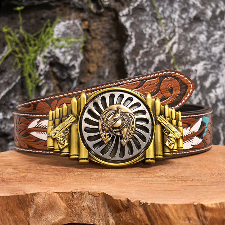 Cintura in pelle con fibbia a forma di ferro di cavallo in bronzo rotante fai da te con motivo a pistola e proiettile - Ferro di cavallo - Cintura di piume marroni - 40 - image 7
