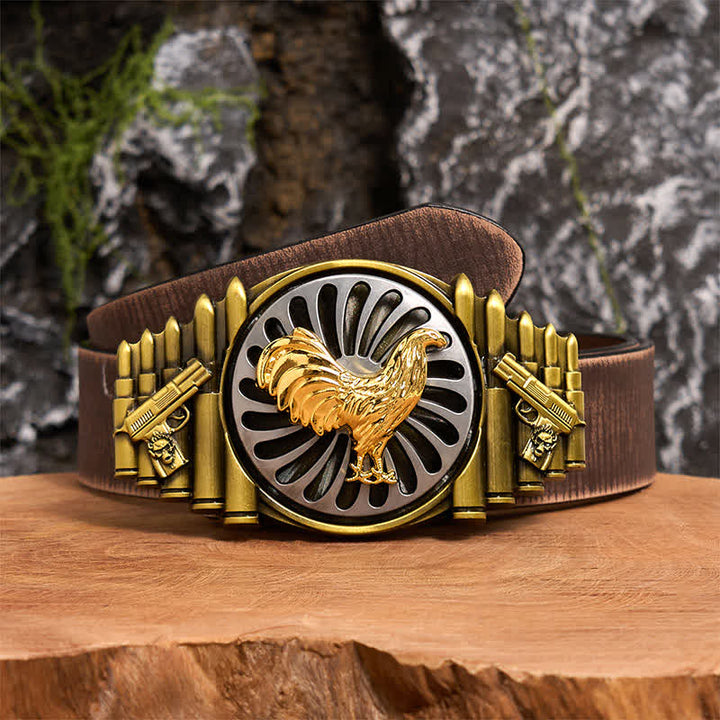 Cintura in pelle con fibbia girevole fai da te con motivo a pistola e proiettile a forma di gallo in bronzo - Gallo - Cintura marrone anticata - 42 - image 5