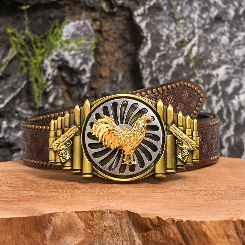 Cintura in pelle con fibbia girevole fai da te con motivo a pistola e proiettile a forma di gallo in bronzo - Gallo - Cintura con rivetti marroni - 42 - image 4