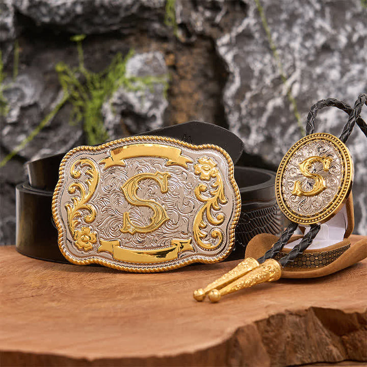 Set di cravatte Bolo dorate con fibbia per cintura grande fai da te con iniziale - Fascio - Cintura con aquila in rilievo nera - 42 - image 3