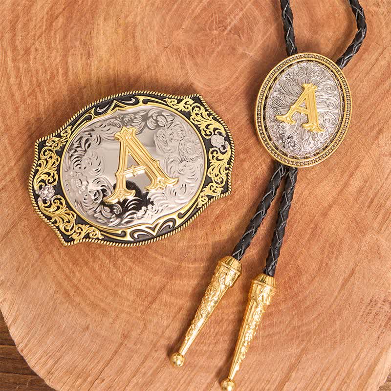 Set di cravatte Bolo dorate con fibbia per cintura fai da te con iniziale in oro nero - Fascio - Senza cintura - Cintura non inclusa - image 1