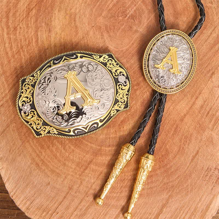 Set di cravatte Bolo dorate con fibbia per cintura fai da te con iniziale in oro nero - Fascio - Senza cintura - Cintura non inclusa - image 1