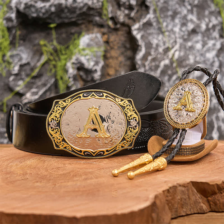 Set di cravatte Bolo dorate con fibbia per cintura fai da te con iniziale in oro nero - Fascio - Cintura con aquila in rilievo nera - 42 - image 3