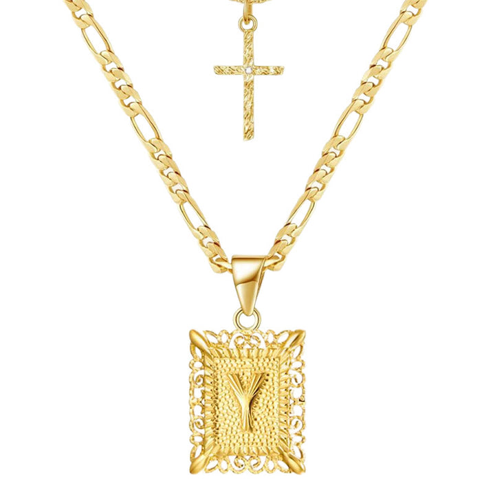 Collana con doppia catena cava con lettera quadrata dorata e croce - Y - image 27