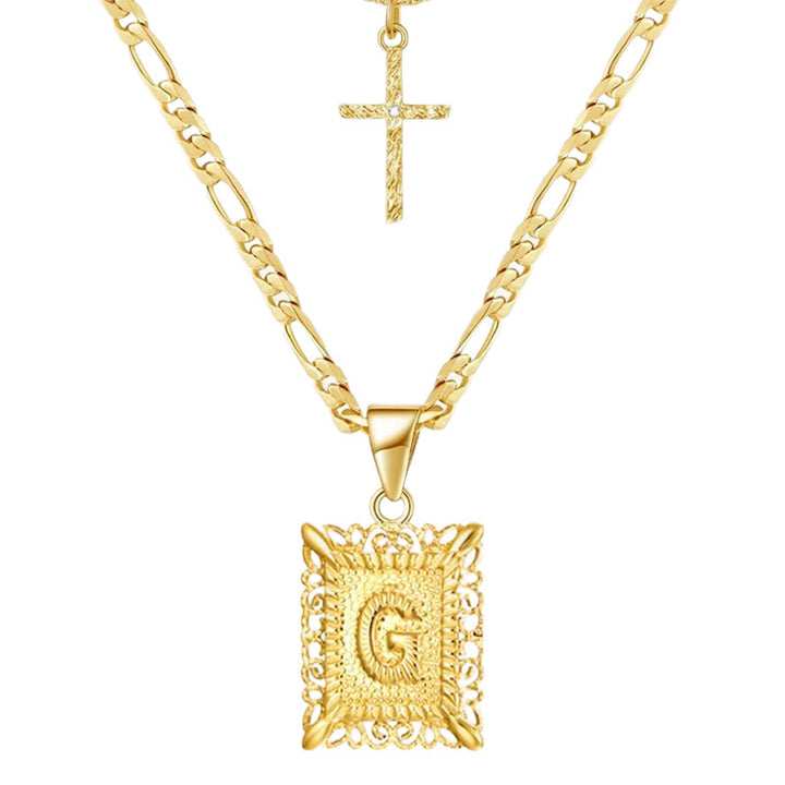 Collana con doppia catena cava con lettera quadrata dorata e croce - G - image 9