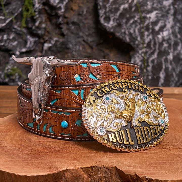Set di ciondoli con fibbia per cintura fai da te dorata a forma di toro Longhorn - Cavaliere del Toro - Cintura intagliata turchese - 42 - image 0