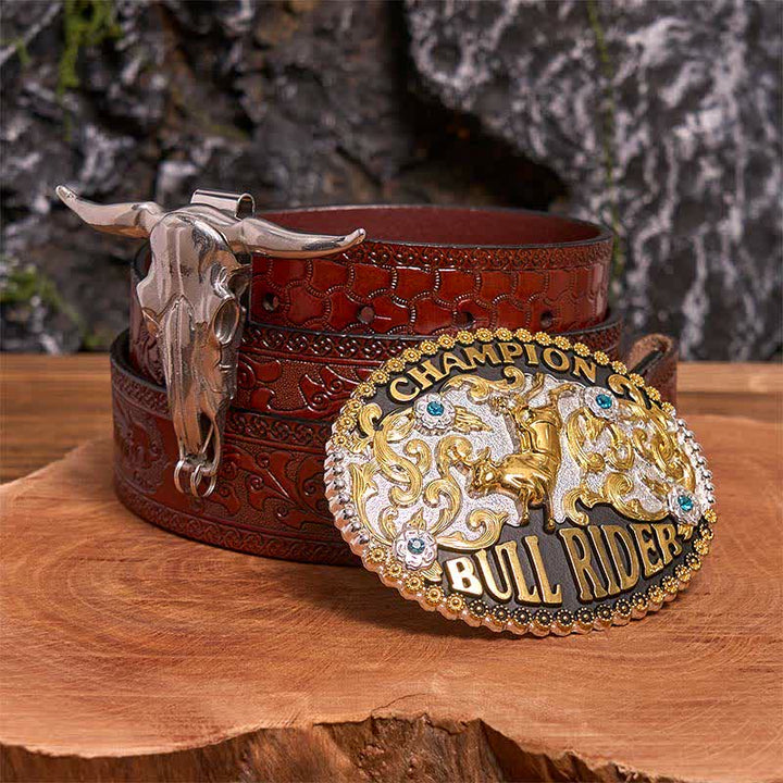 Set di ciondoli con fibbia per cintura fai da te dorata a forma di toro Longhorn - Cavaliere del Toro - Cintura marrone intagliata - 42 - image 6