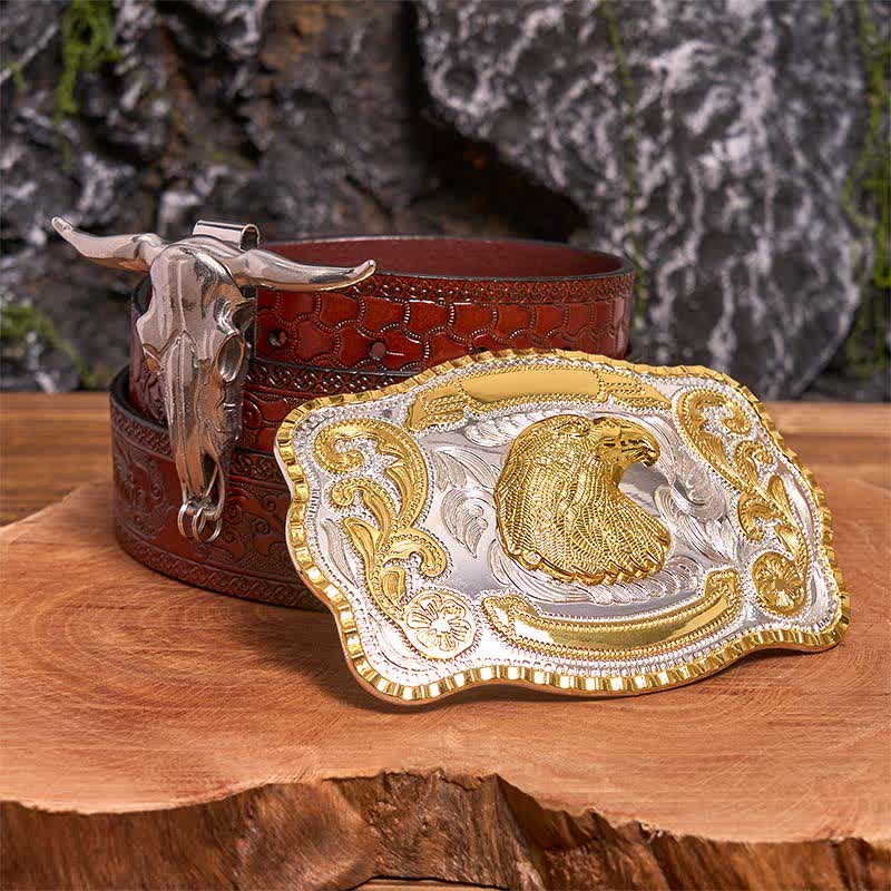 Set di ciondoli fai da te con fibbia per cintura a forma di testa d'aquila in oro e toro dalle corna lunghe - Testa d'aquila - Cintura marrone intagliata - 42 - image 6